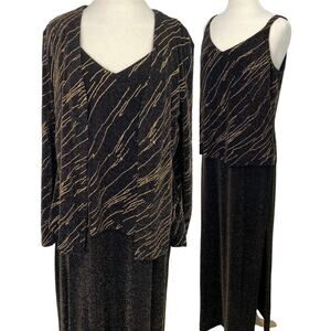 Vintage Alex Evenings Gown & Jacket Set Black Gold Metallic Design Layered 16